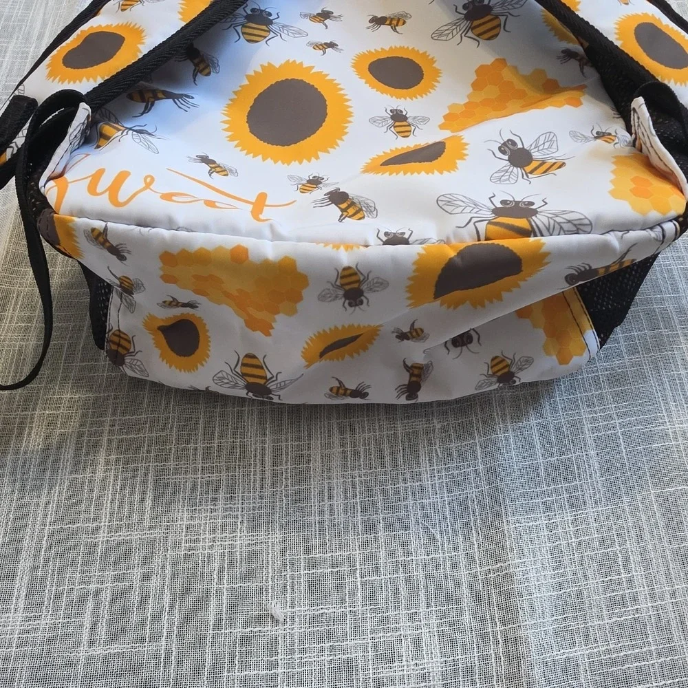 Bee Honeycomb Sunflower Print Kids Backpack With Mesh Pockets And Zipper Accent